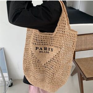 Natural Raffia Knit Tote Bag w Embroidered ‘Paris Milano’ Triangle Design New